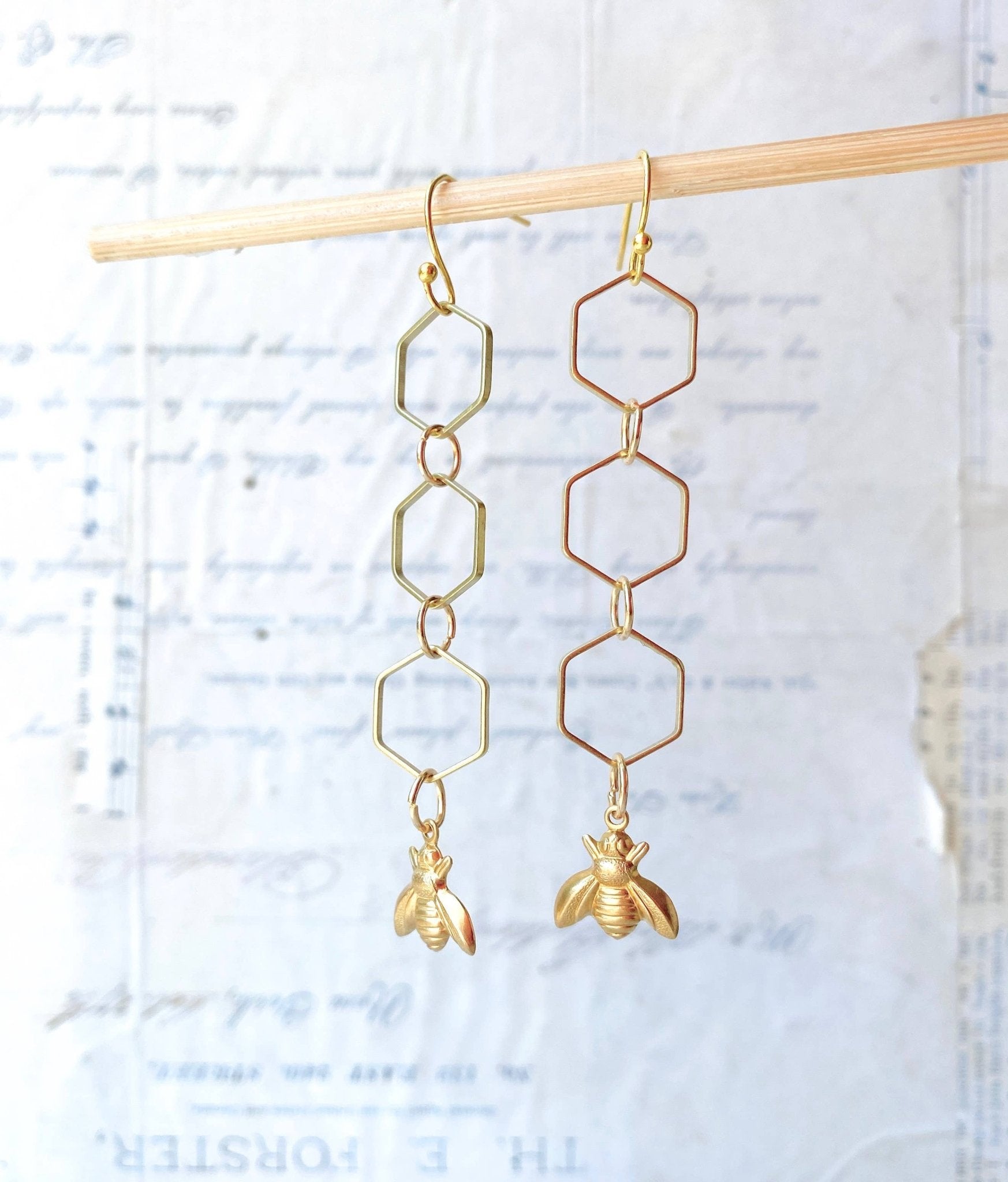 Bee Earrings Long Honeycomb Hexagon Chain - Lalka Beauty Co.