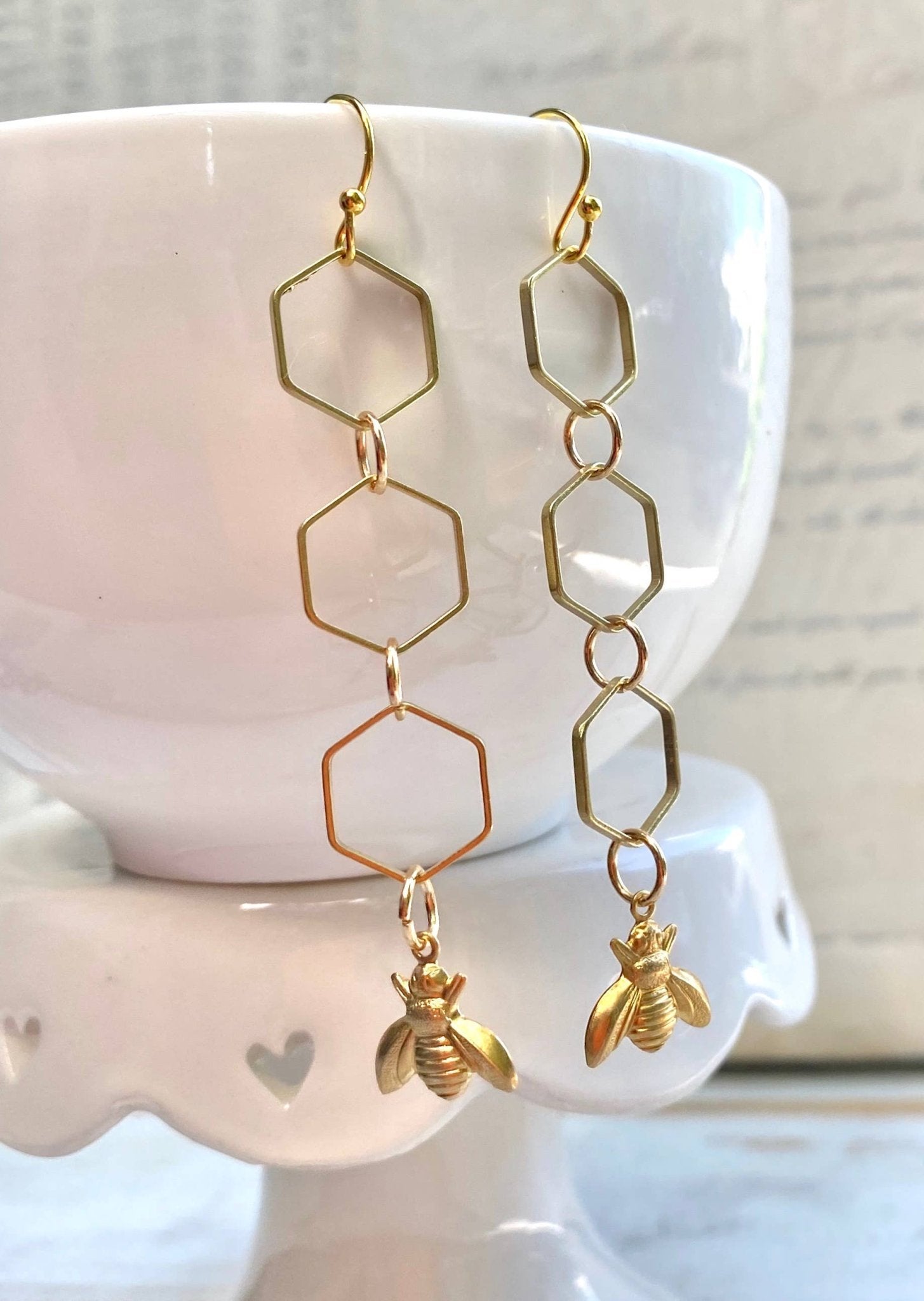 Bee Earrings Long Honeycomb Hexagon Chain - Lalka Beauty Co.