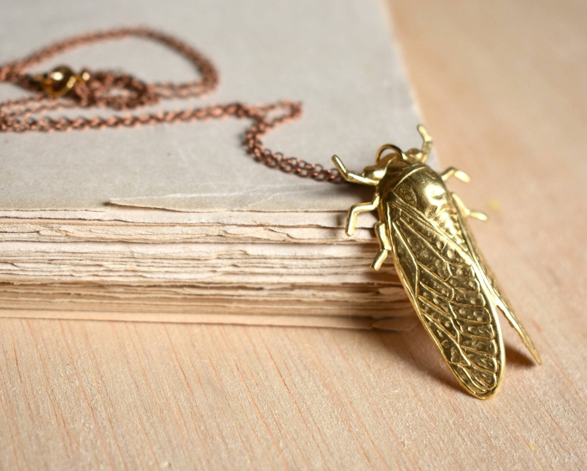 Cicada Pendant Big Gold Beetle Necklace Summer Bug 24 inches - Lalka Beauty Co.