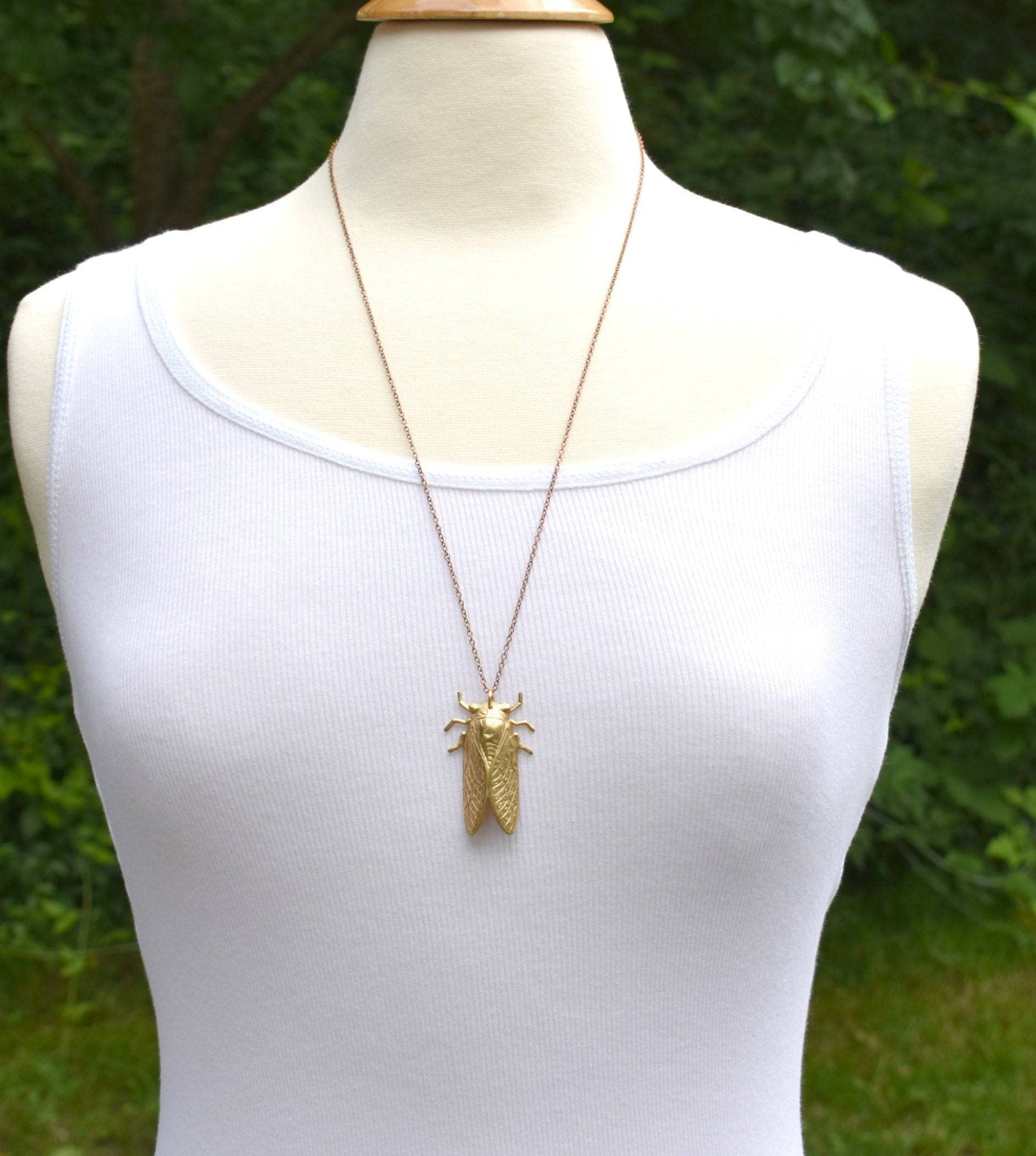 Cicada Pendant Big Gold Beetle Necklace Summer Bug 24 inches - Lalka Beauty Co.