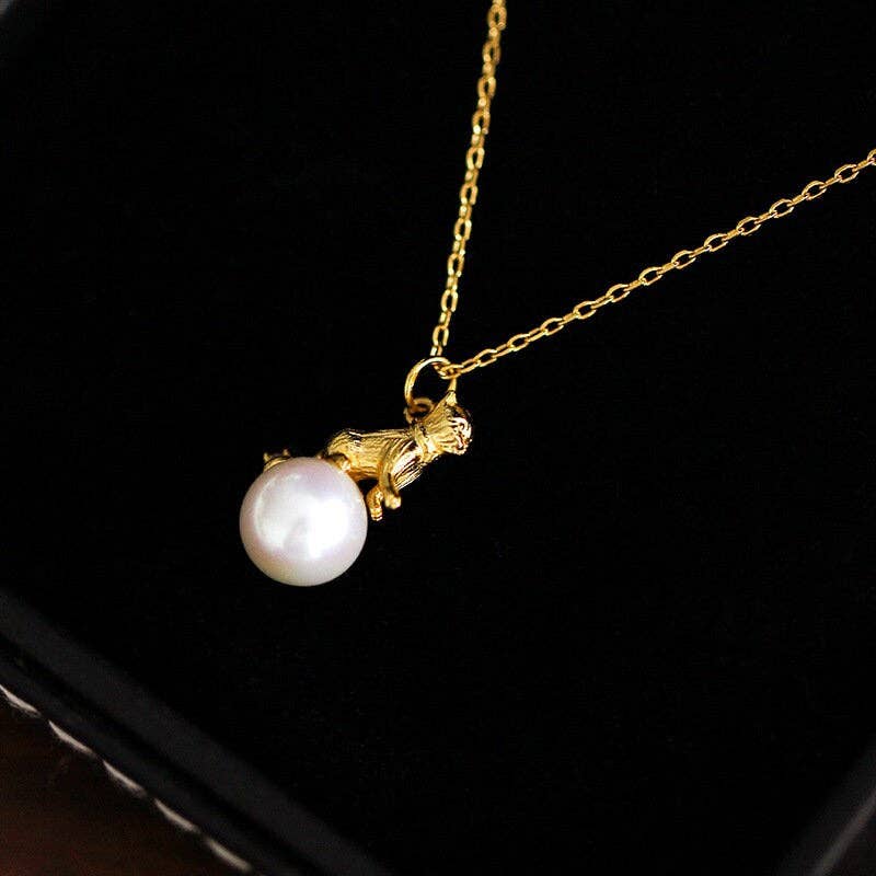 Cute Gold Cat Charm Necklace in 925 Sterling Silver, Pearl - Lalka Beauty Co.