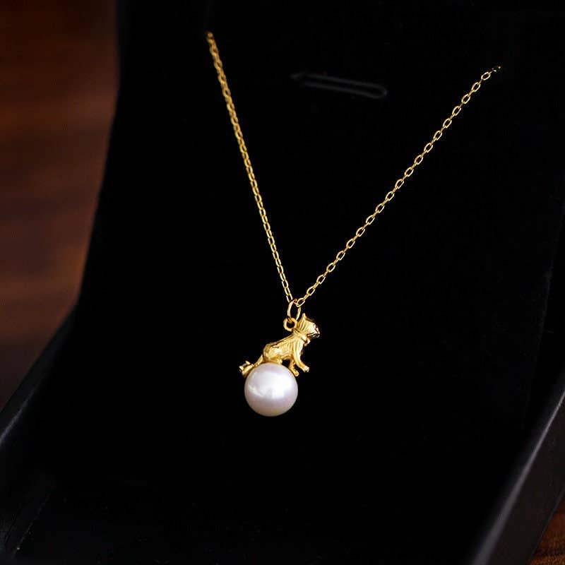 Cute Gold Cat Charm Necklace in 925 Sterling Silver, Pearl - Lalka Beauty Co.