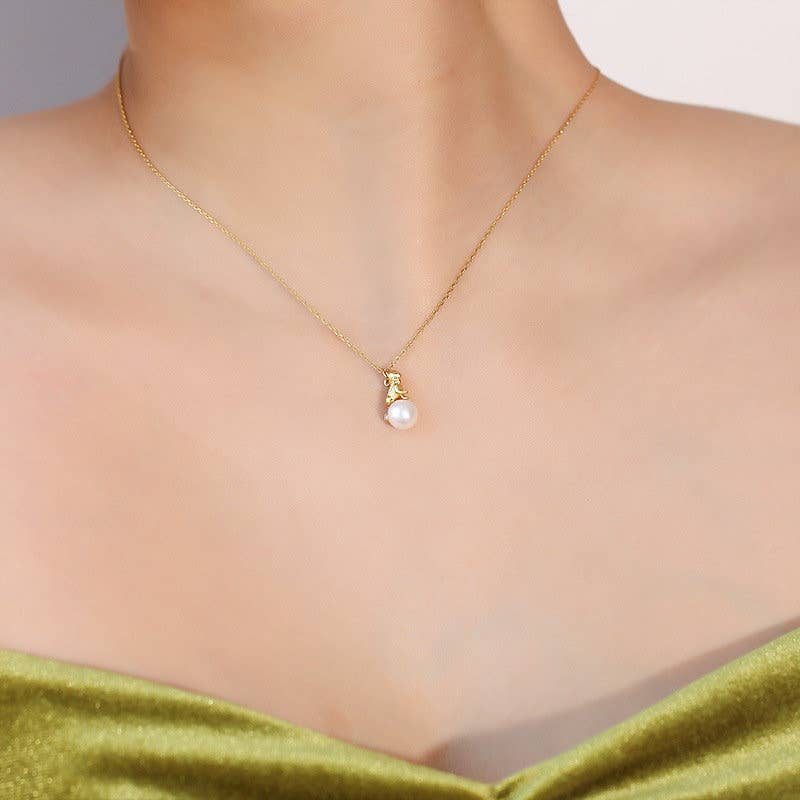 Cute Gold Cat Charm Necklace in 925 Sterling Silver, Pearl - Lalka Beauty Co.