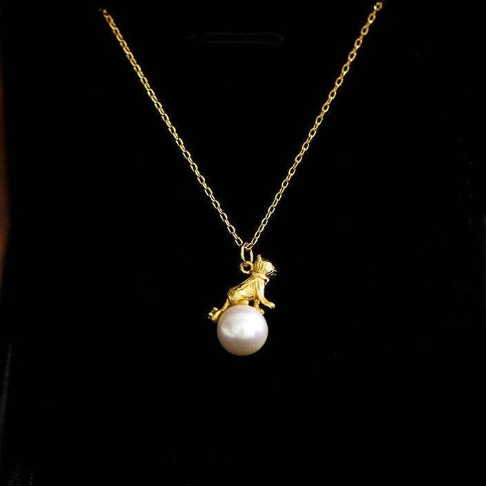 Cute Gold Cat Charm Necklace in 925 Sterling Silver, Pearl - Lalka Beauty Co.