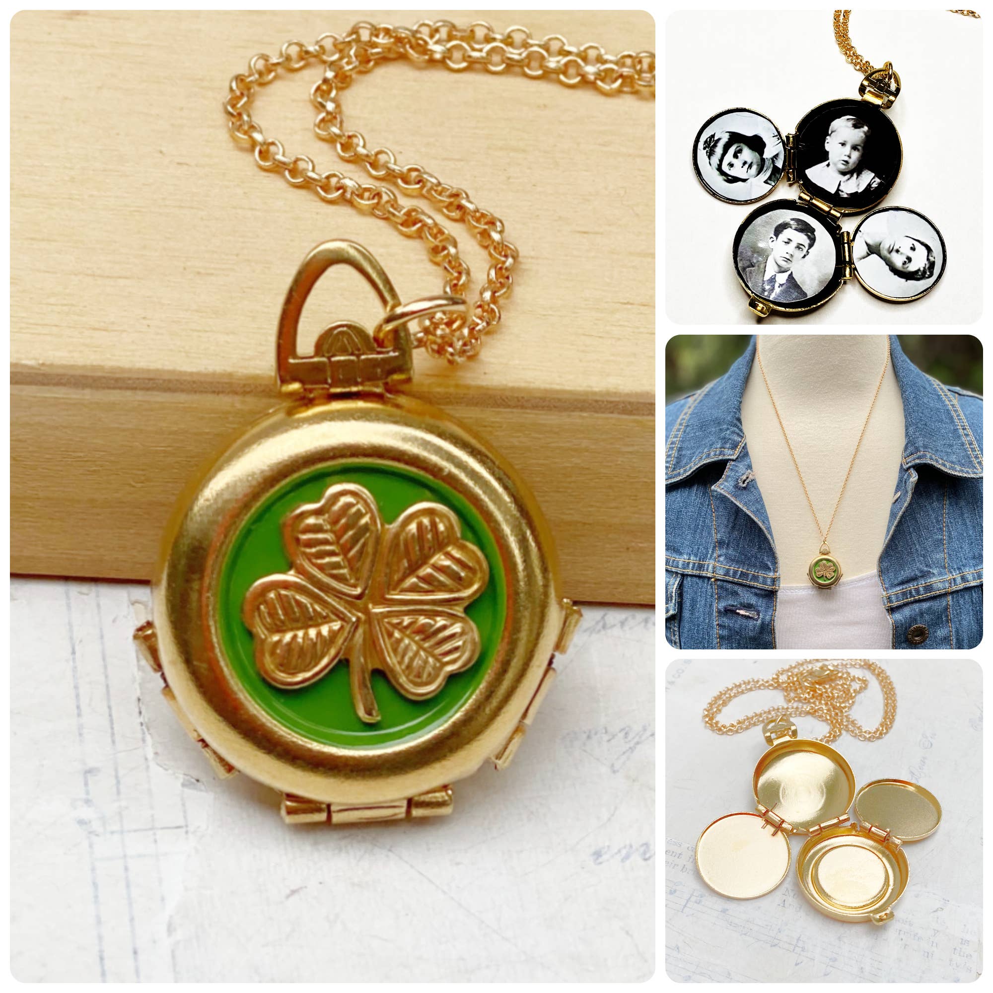 Four Leaf Clover Locket Necklace 4 Photo Irish Luck - Lalka Beauty Co.