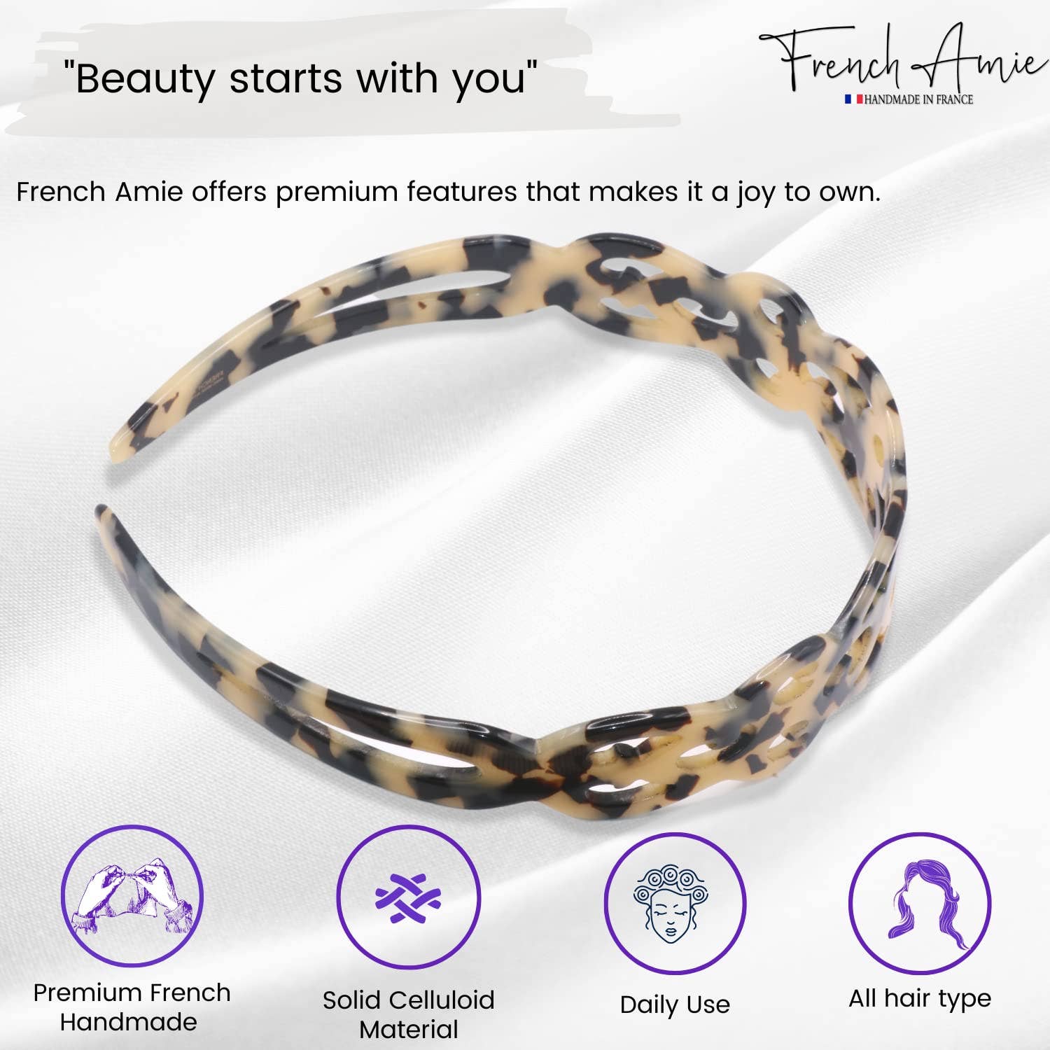 French Amie Filigree Wide 1" Celluloid Handmade Headband for Women: White tortoiseshell - Lalka Beauty Co.