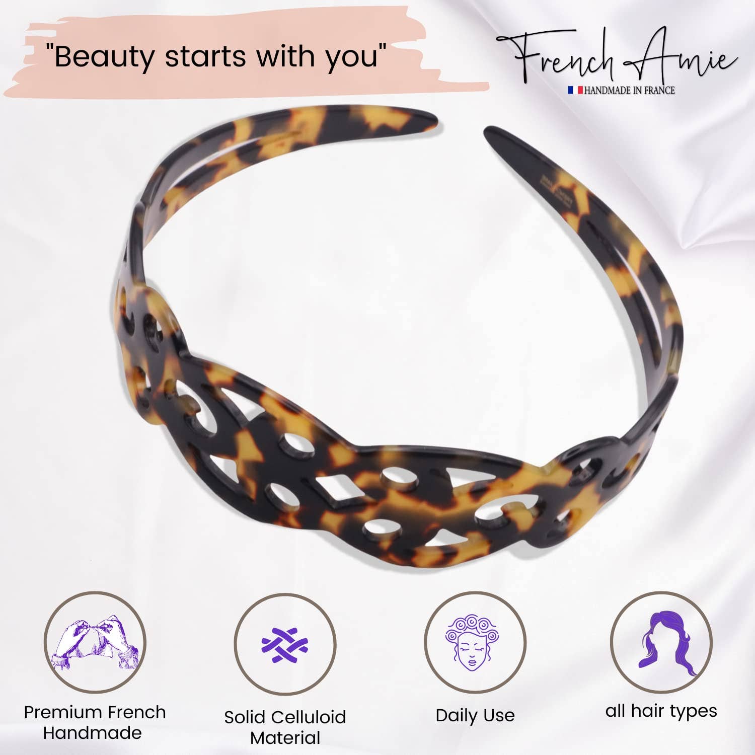 French Amie Filigree Wide 1" Celluloid Handmade Headband for Women: White tortoiseshell - Lalka Beauty Co.