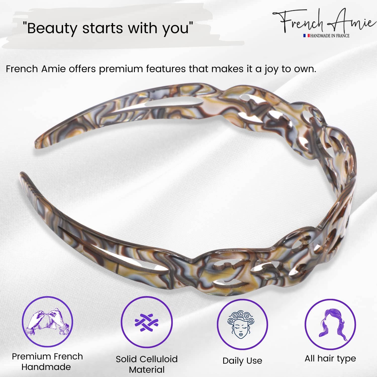 French Amie Filigree Wide 1" Celluloid Handmade Headband for Women: White tortoiseshell - Lalka Beauty Co.