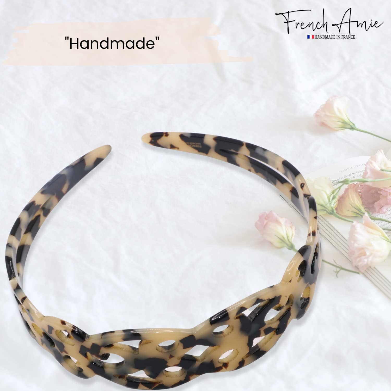 French Amie Filigree Wide 1" Celluloid Handmade Headband for Women: White tortoiseshell - Lalka Beauty Co.