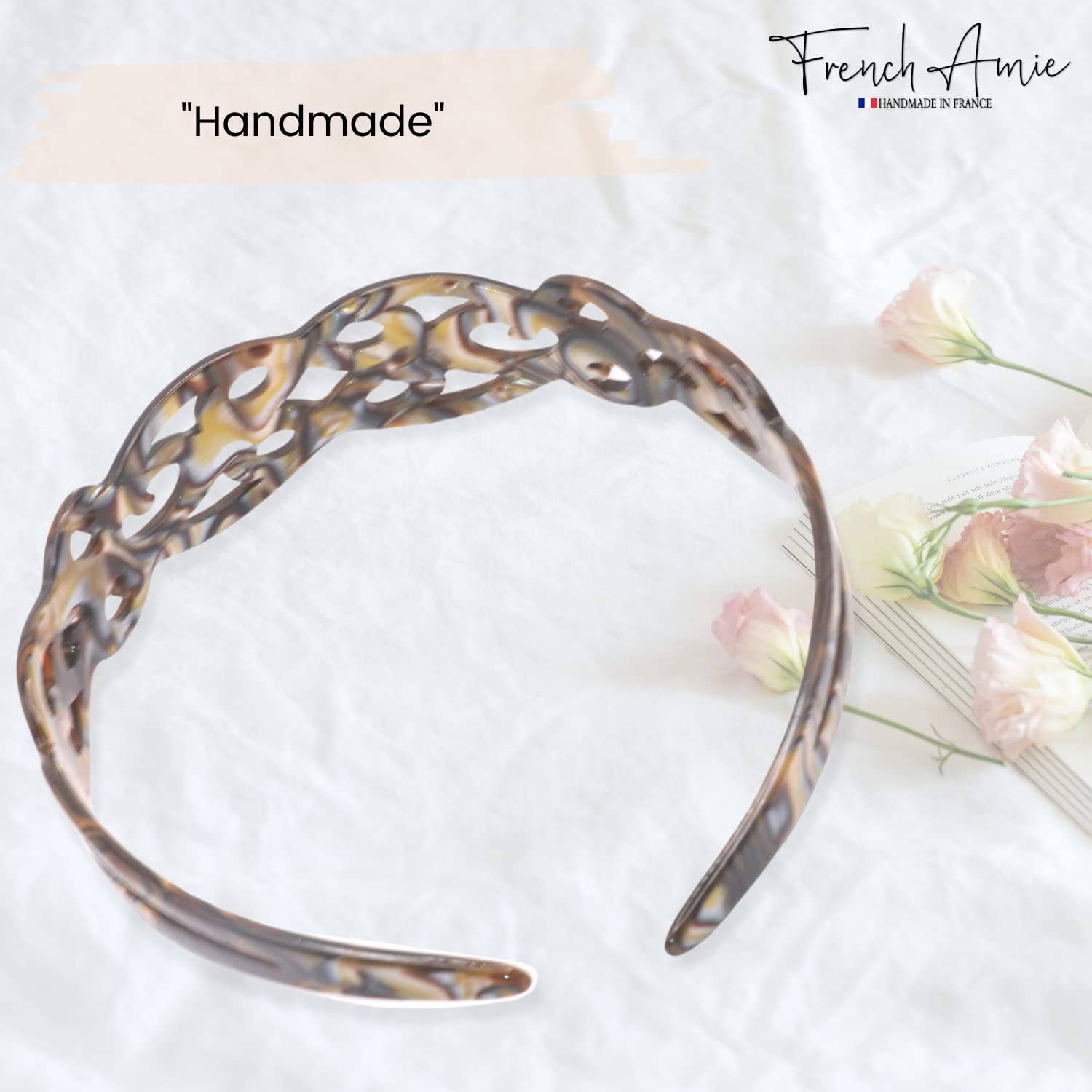 French Amie Filigree Wide 1" Celluloid Handmade Headband for Women: White tortoiseshell - Lalka Beauty Co.