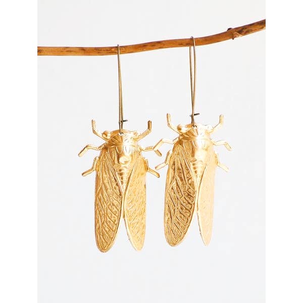 Gold Cicada Earrings Long Ear Wires Whimsical Bug Beetles - Lalka Beauty Co.