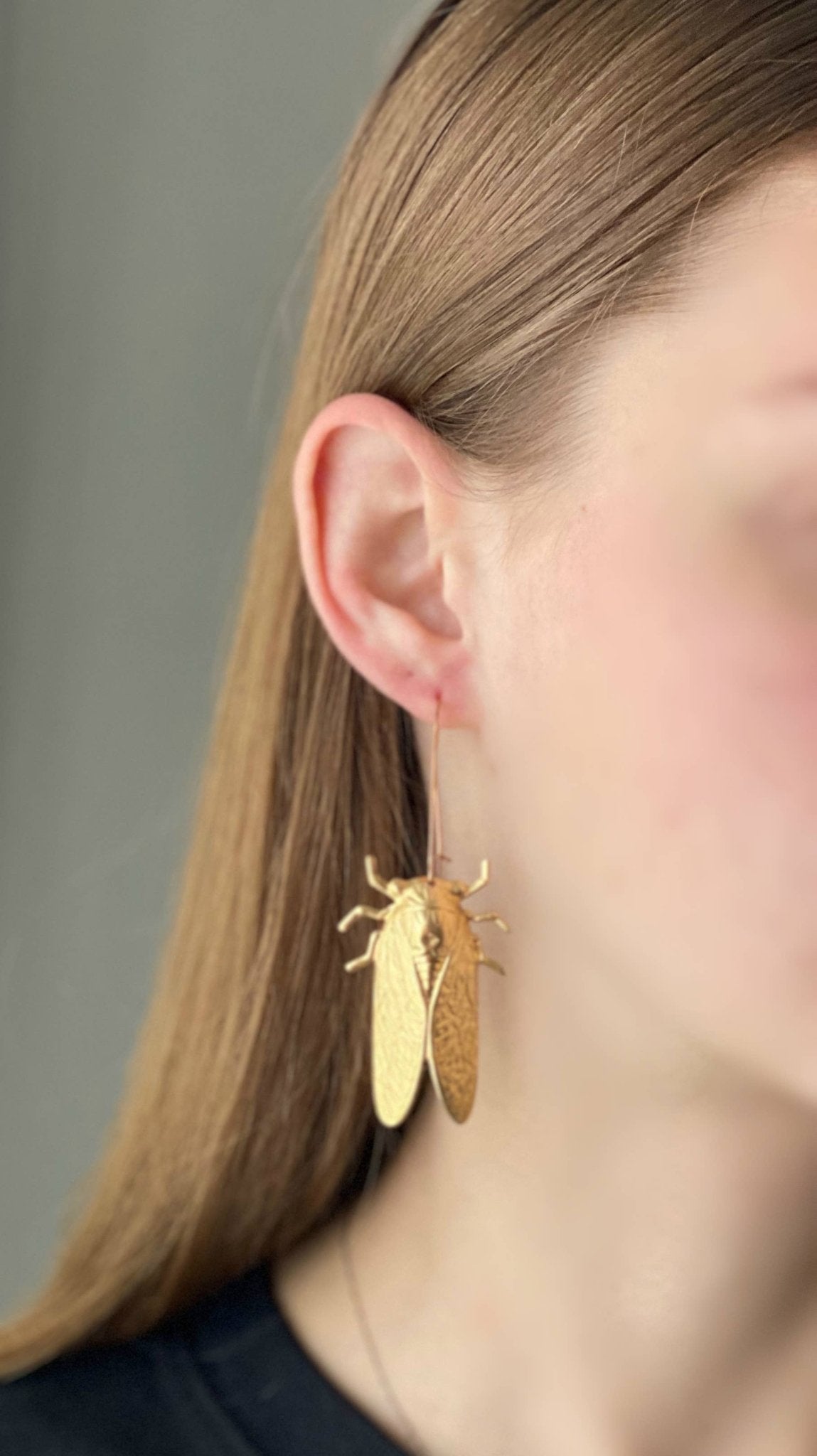 Gold Cicada Earrings Long Ear Wires Whimsical Bug Beetles - Lalka Beauty Co.