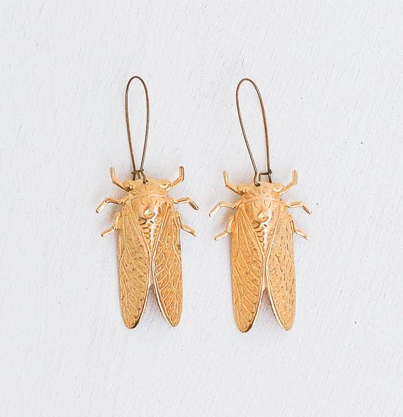 Gold Cicada Earrings Long Ear Wires Whimsical Bug Beetles - Lalka Beauty Co.