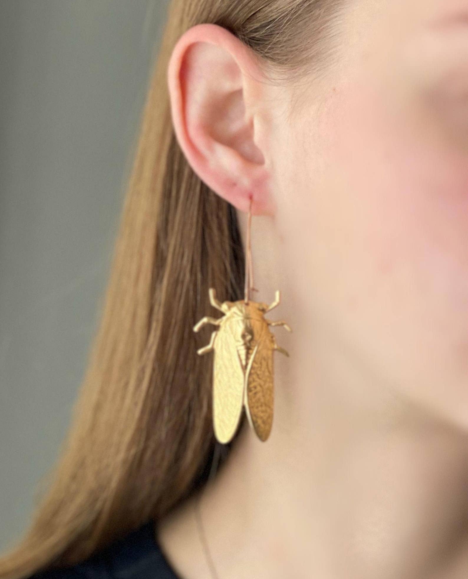 Gold Cicada Earrings Long Ear Wires Whimsical Bug Beetles - Lalka Beauty Co.