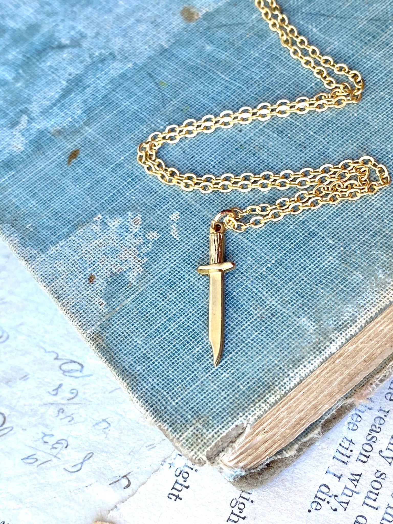 Gold Dagger Necklace Whimsical Goth MFM Murderino 16 inches - Lalka Beauty Co.