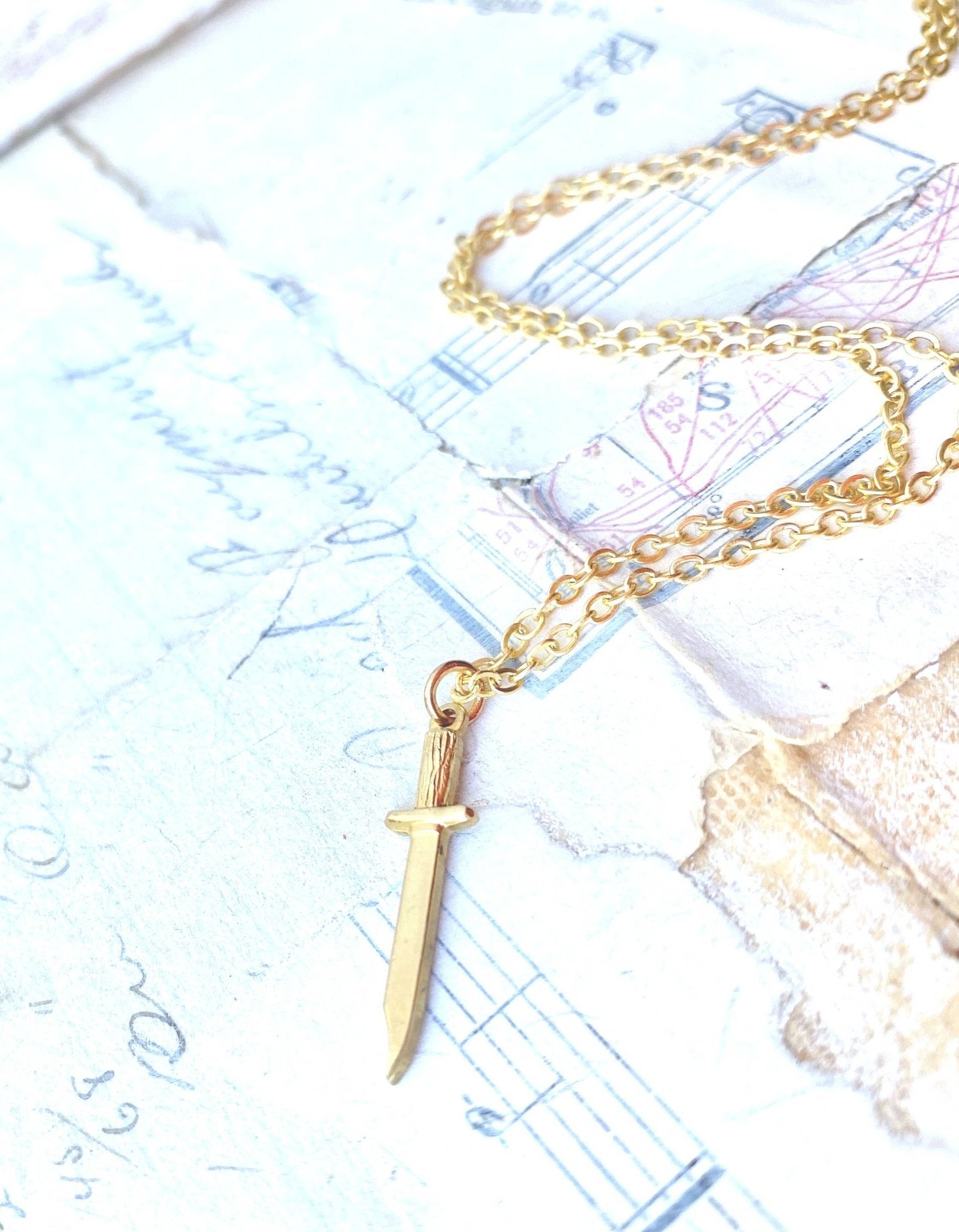 Gold Dagger Necklace Whimsical Goth MFM Murderino 16 inches - Lalka Beauty Co.