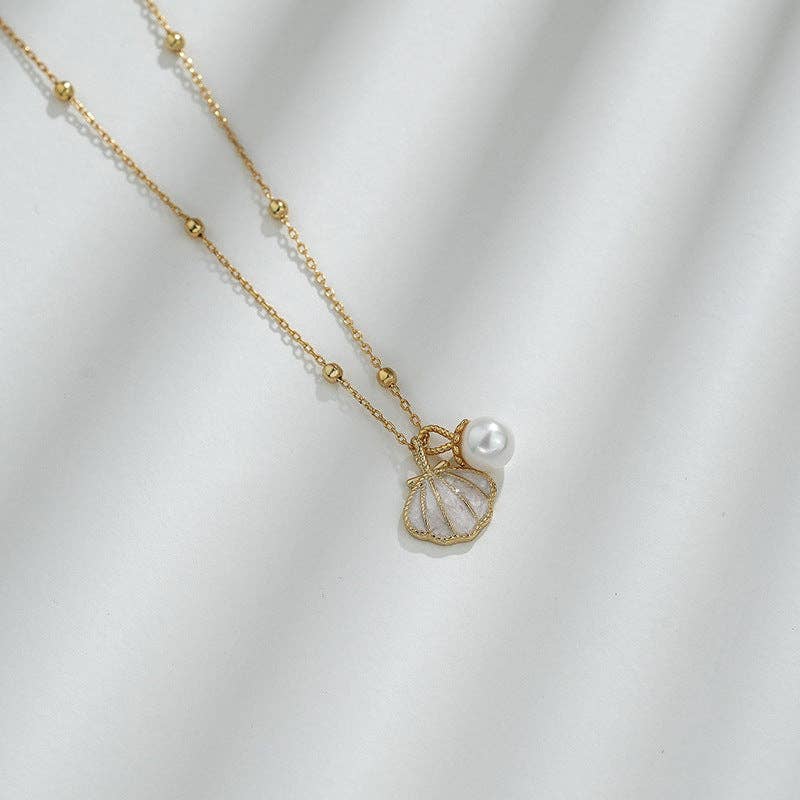 Gold Shell Pearl Charm Necklace in 925 Sterling Silver - Lalka Beauty Co.