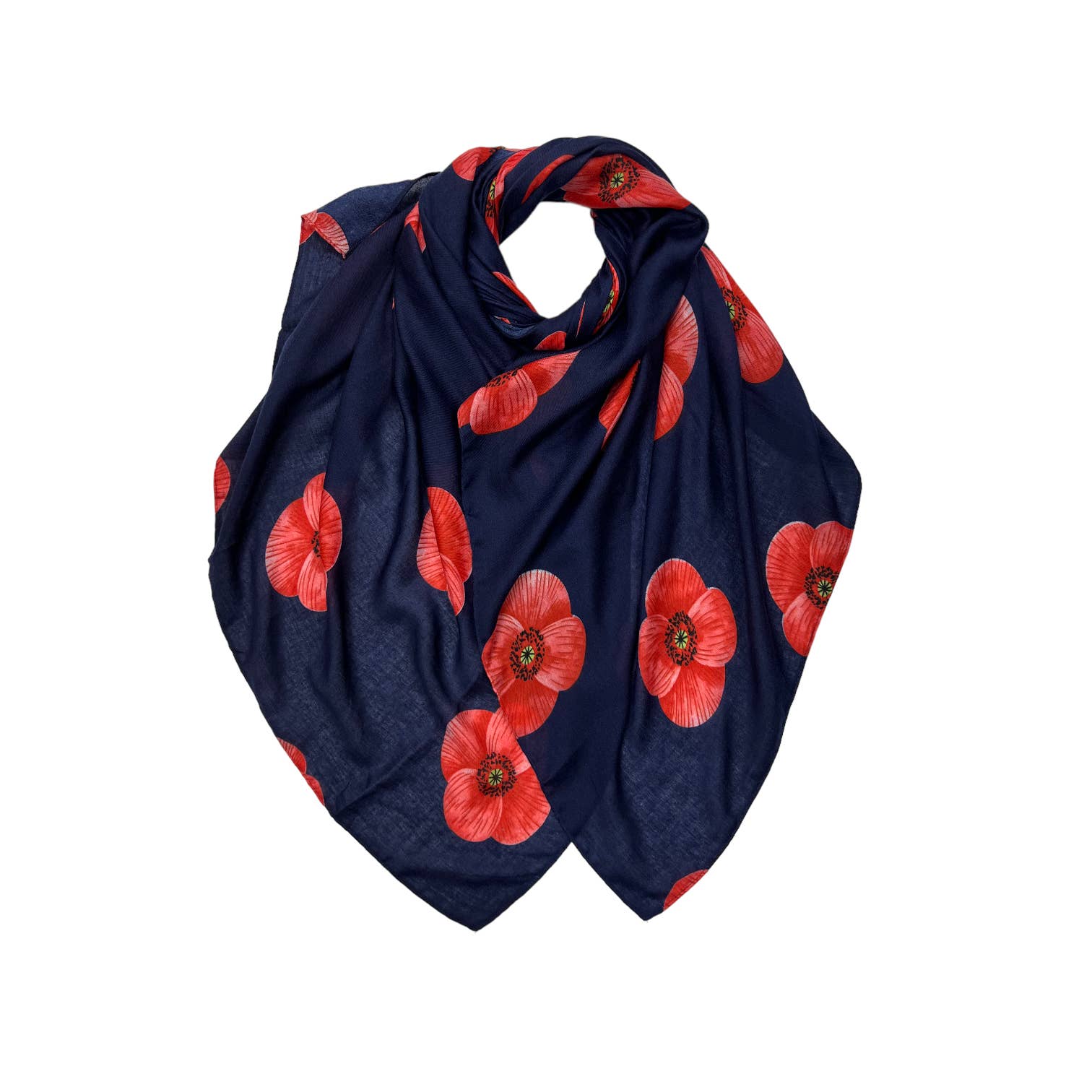 Poppy flower print on lightweight cotton mix scarf: Navy - Lalka Beauty Co.