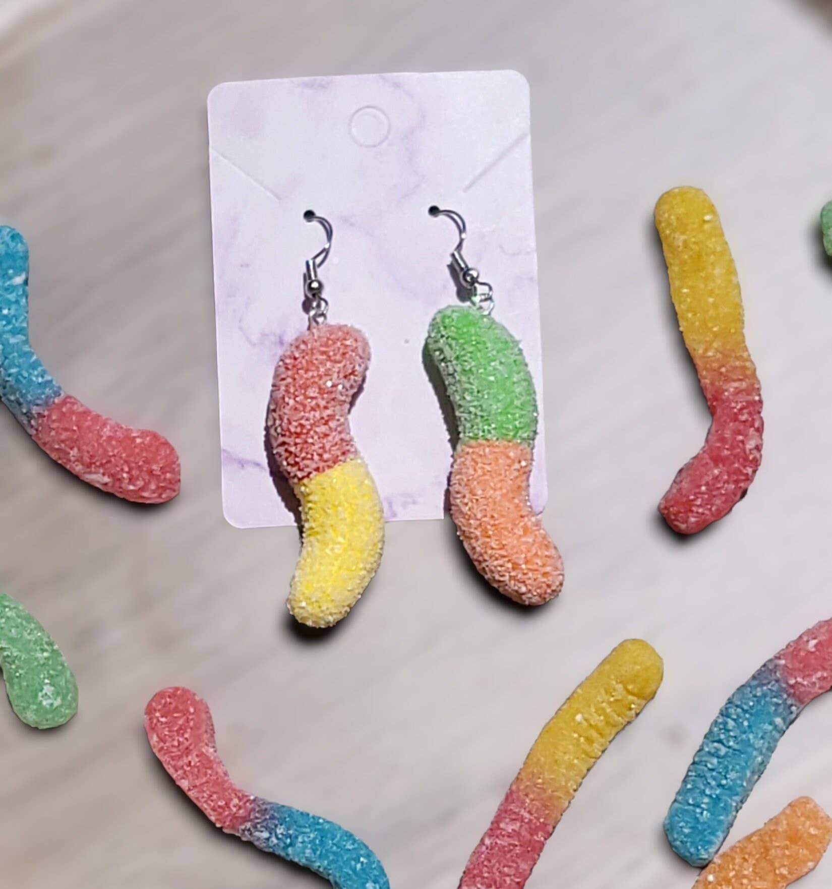 Sour Gummy Worm Earrings, Gummy Worm Earrings: Green/Orange / Green/Orange - Lalka Beauty Co.