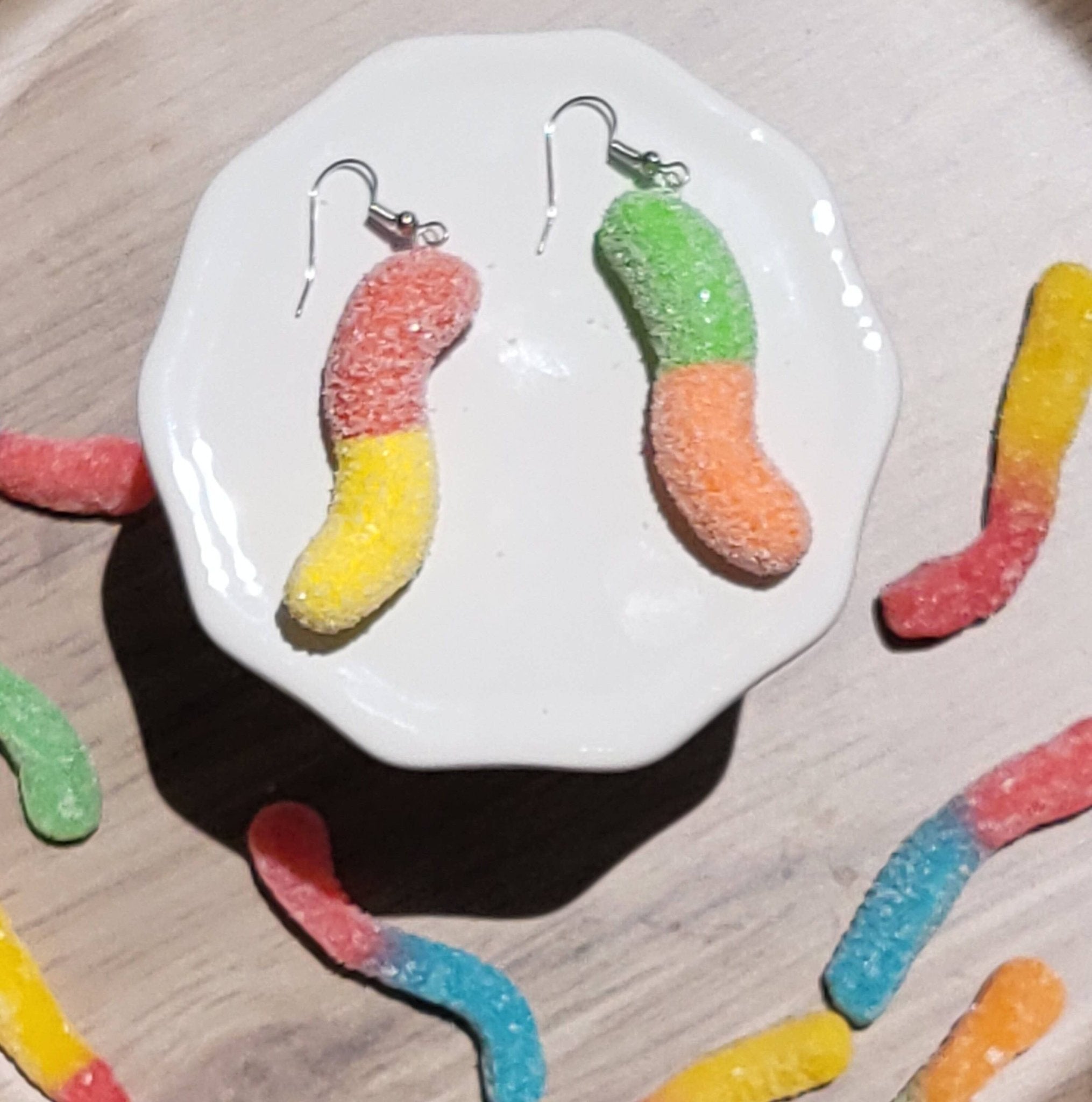 Sour Gummy Worm Earrings, Gummy Worm Earrings: Green/Orange / Green/Orange - Lalka Beauty Co.