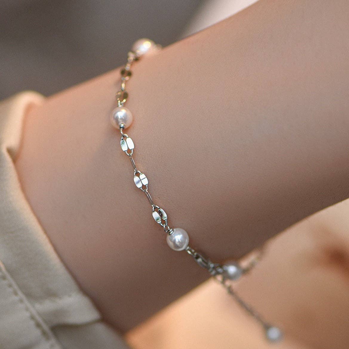 Surgical Steel 3 - 4mm Mini Pearls Dainty Sparkle Chain Bracelet with Extender - Lalka Beauty Co.