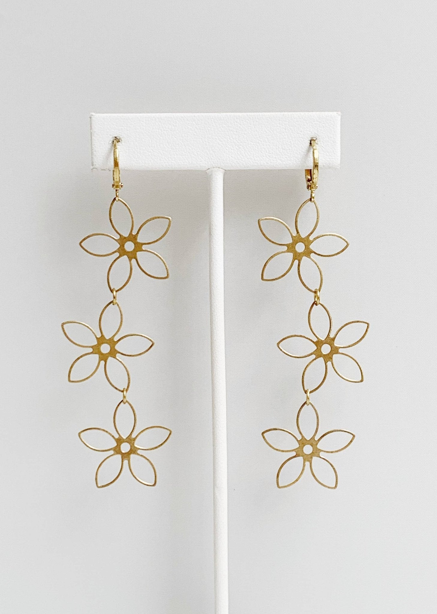 Triple Gold Flower Brass Dangle Earrings - Lalka Beauty Co.