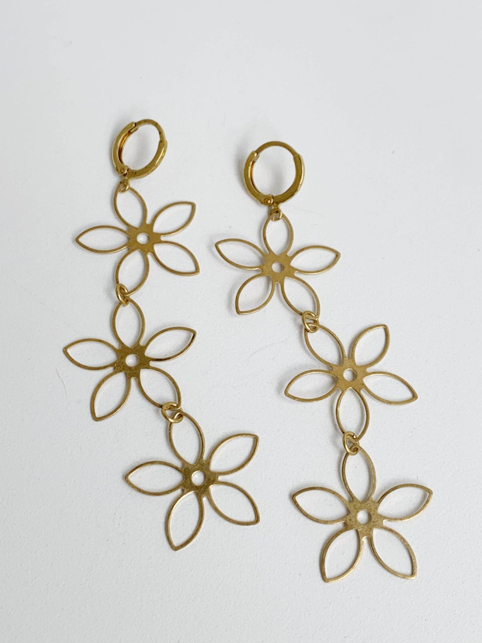 Triple Gold Flower Brass Dangle Earrings - Lalka Beauty Co.