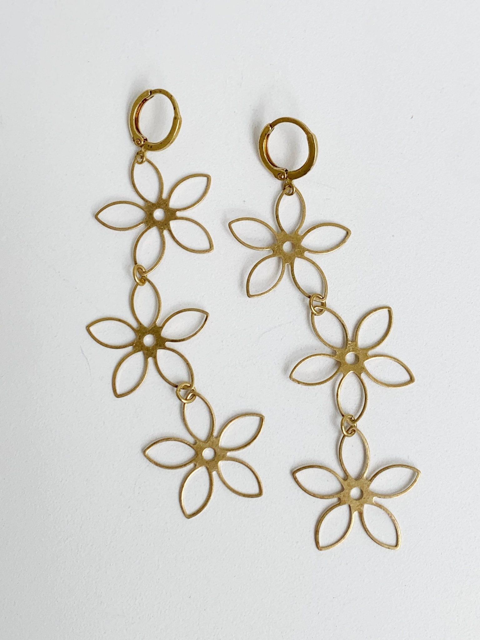 Triple Gold Flower Brass Dangle Earrings - Lalka Beauty Co.