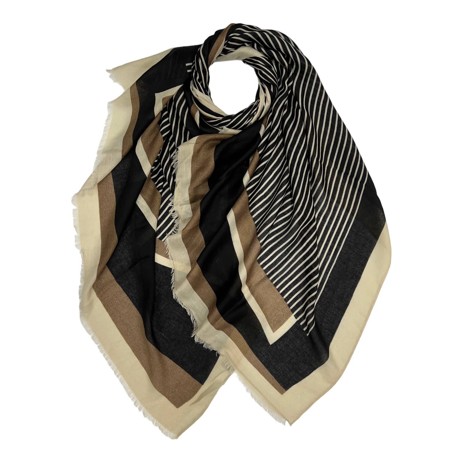 Vertical striped on printed scarf finished with fringes: Cream - Lalka Beauty Co.