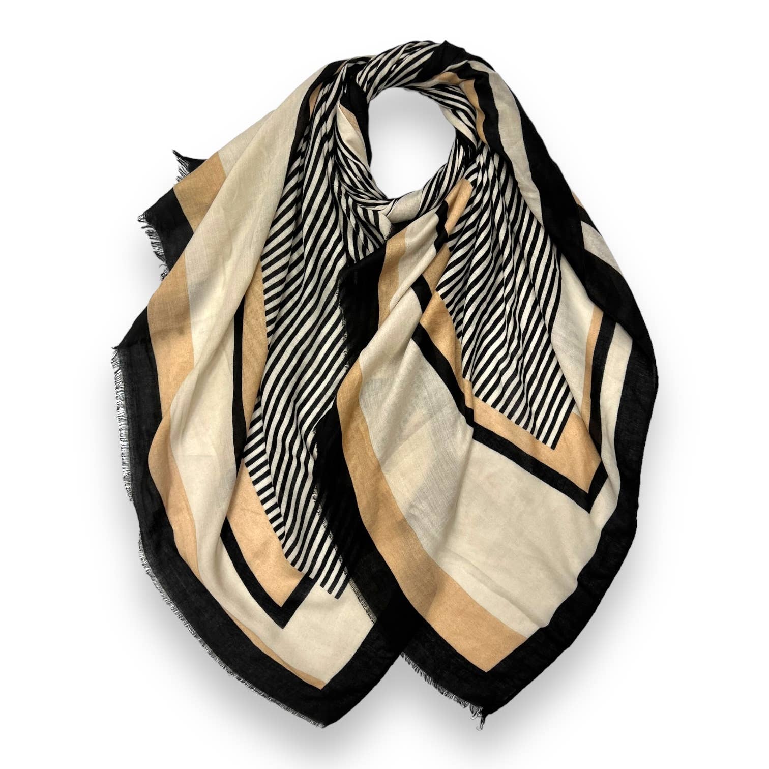 Vertical striped on printed scarf finished with fringes: Cream - Lalka Beauty Co.